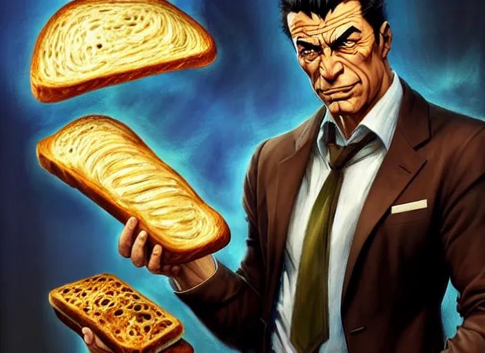 Prompt: magic : the gathering fantasy character concept art of the great businessman by marco bucci and frank frazetta, high resolution. a clear portrait of powerful, business man wearing a business suit, holding a magical briefcase overflowing with bread and toast swirling around, fantasy coloring, intricate, digital painting, artstation, smooth, sharp focus