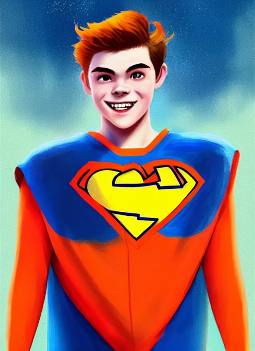 Image similar to friendly teenage archie andrews wearing an orange superhero costume with heart logo, freckles, pureheart the powerful, heart emblem on chest, blue cape, intricate, elegant, glowing lights, highly detailed, digital painting, artstation, sharp focus, illustration, art by wlop, mars ravelo and greg rutkowski