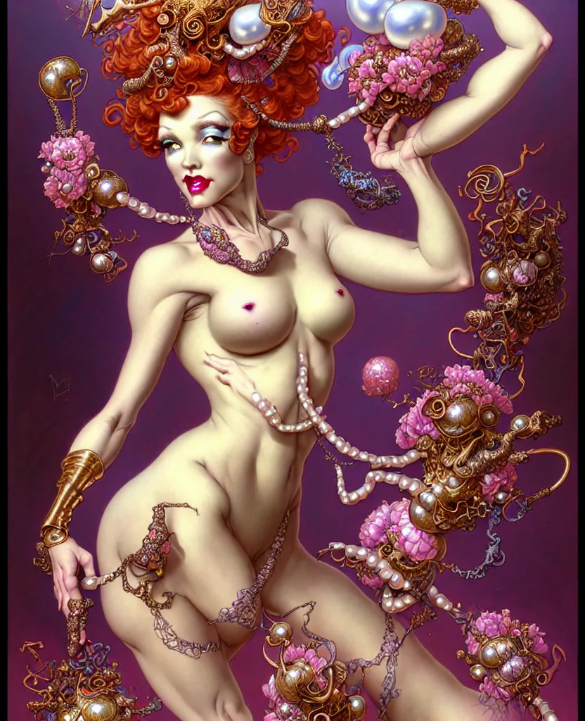 Image similar to beautiful burlesque dancer fantasy character portrait, ultra realistic, intricate details, the fifth element artifacts, highly detailed by peter mohrbacher, hajime sorayama, wayne barlowe, boris vallejo, aaron horkey, gaston bussiere, craig mullins alphonse mucha, art nouveau curves swirls and spirals, doves flowers pearls beads crystals jewelry goldchains scattered