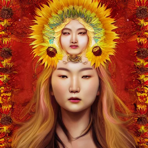 Image similar to Portrait of the Sunflower Goddess, a Chinese female deity that brings joy and light onto the world. Headshot, insanely nice professional hair style, dramatic hair color, digital painting, of a old 17th century, amber jewels, baroque, ornate clothing, scifi, realistic, hyperdetailed, chiaroscuro, concept art, art by Franz Hals and Jon Foster and Ayami Kojima and Amano and Karol Bak,