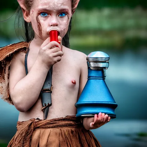 Image similar to a little blue-skinned girl with messy black hair sharp pointed ears freckles along the ridges of her cheeks drinking from a leather flask, dnd triton, high resolution film still, 4k, HDR colors