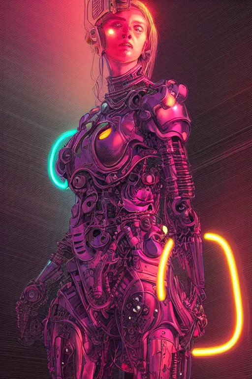 Prompt: portrait of a psychedelic girl with a biomechanic armor and neon light by Laurie Greasley and Greg Rutkowski and Gustave Doré, digital painting, highly detailed, trending on artstation