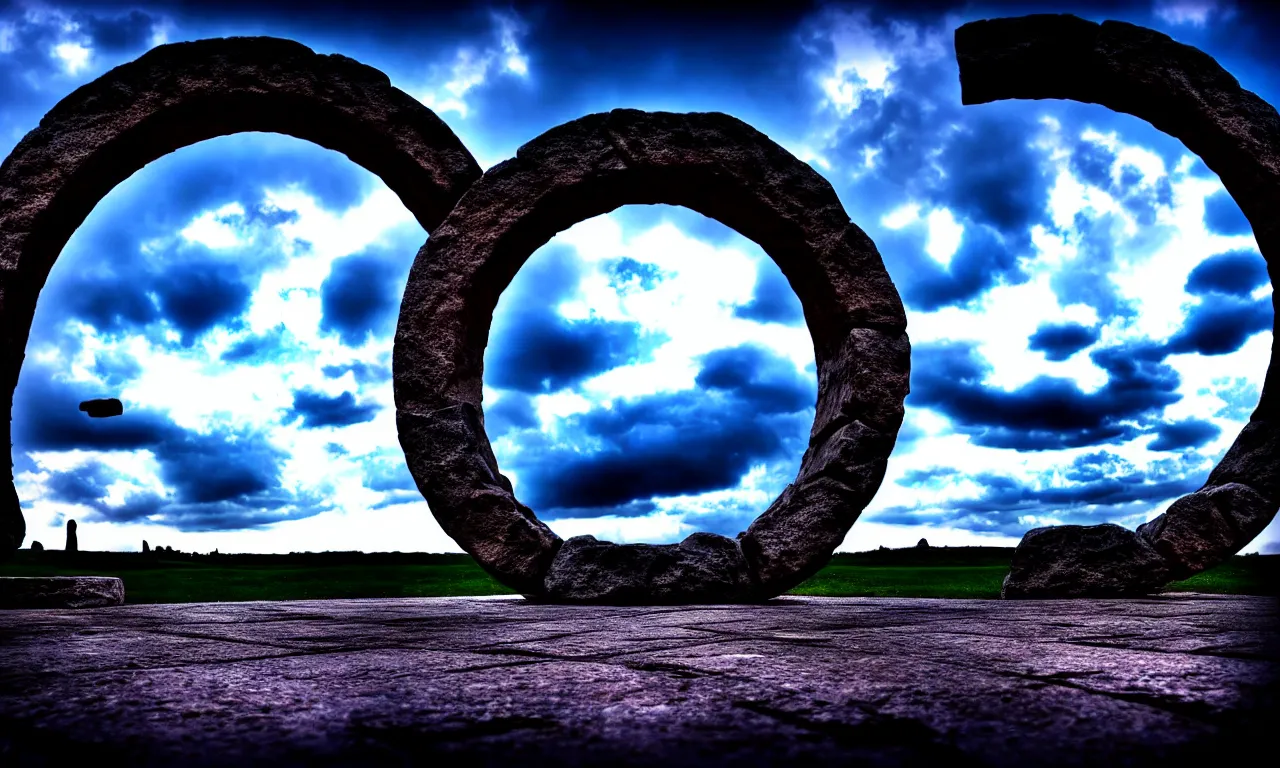 Image similar to round stargate made of stone, cinematic view, epic sky