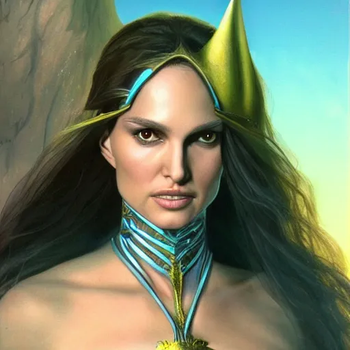 Image similar to natalie portman as a sorceress, artstation, boris vallejo, highly detailed