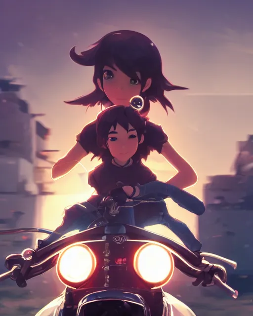 Image similar to a girl joyriding a on a motorcycle, full shot, atmospheric lighting, detailed face, by makoto shinkai, stanley artgerm lau, wlop, rossdraws