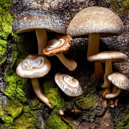 Image similar to ultra realistic hdr photo of mushrooms growing on an ancient alternative exotic alien planet in a galaxy far far away