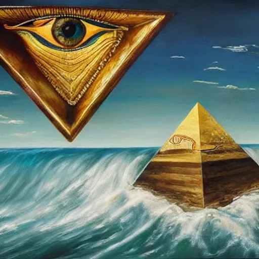 Image similar to hyper realistic detailed painting of tutankhamun surfing a big wave in the ocean next to a sunny beach with a pyramid with the all seeing eye by Andrei Tarkovsky, Adrian ghenie, Storm, Thorgerson, pastel colors, cinematic. Bekinski painting, masterpiece