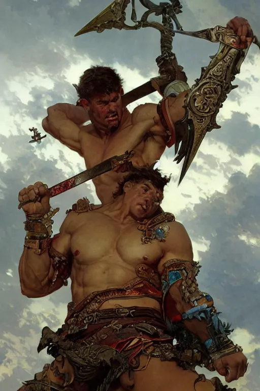 Image similar to muscular male barbarian stabbing the sky, intricate details, large sword, by Stanley Artgerm Lau, by greg rutkowski, by thomas kindkade, by alphonse mucha, loish, by norman rockwell J.