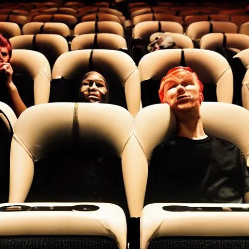 Image similar to people in a full dark movie theatre playing on their cellphones