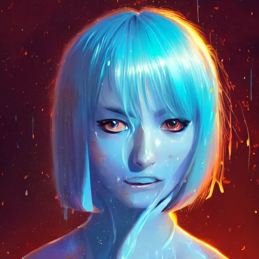 Image similar to water dripping on rimuru tempest crying, enveloped in galactic trails, sky blue straight hair, bangs, with amber eyes, black jacket, high collar, ultra detailed, euphoric, masterpiece, digital painting, psychedelic, cinematic, wlop, pixiv, ilya kuvshinov, ross tran