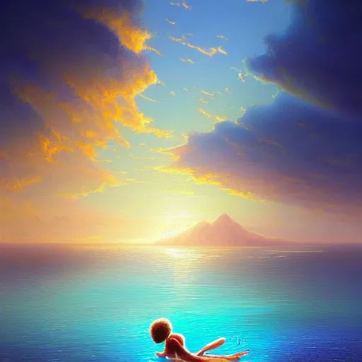 Prompt: a boy swims in a warm, endless lake, 8K, Ultra Realistic, vast surreal landscape and horizon by Asher Durand and Cyril Rolando and Thomas Kinkade, rich pastel color palette, masterpiece!!, grand!, imaginative!!!, epic scale, intricate details, sense of awe, elite, fantasy realism, complex composition, 4k post processing