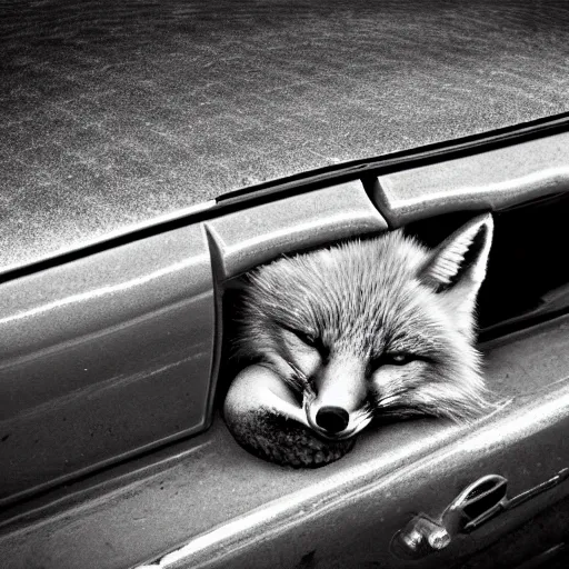 Image similar to fox sleeping on an old car, award winning photography