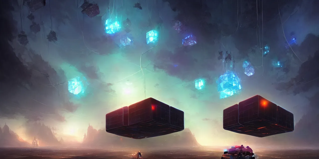 Image similar to a fleet of giant glowing futuristic cubes tied to each other with lots of thick messy wires in the sky, a fantasy magical landscape seen in the distance, atmospheric lighting, intricate, volumetric lighting, beautiful, sharp focus, ultra detailed, in the art style of marc simonetti, bowater charlie and brom gerald, astrophotography