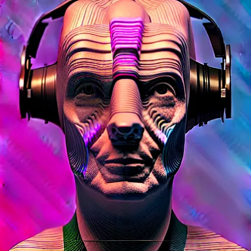 Prompt: Colour Photography of 1000 years old man with highly detailed 1000 years old face wearing higly detailed cyberpunk VR Headset designed by Josan Gonzalez . in style of Josan Gonzalez and Johannes Vermeer and Mike Winkelmann and Caspar David Friedrich. Rendered in Blender