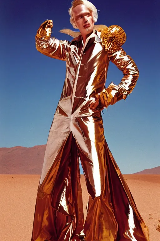 Image similar to portrait davis taylor brown dressed in 1 9 8 1 space fantasy fashion, avante garde, shiny metal, standing in a desert