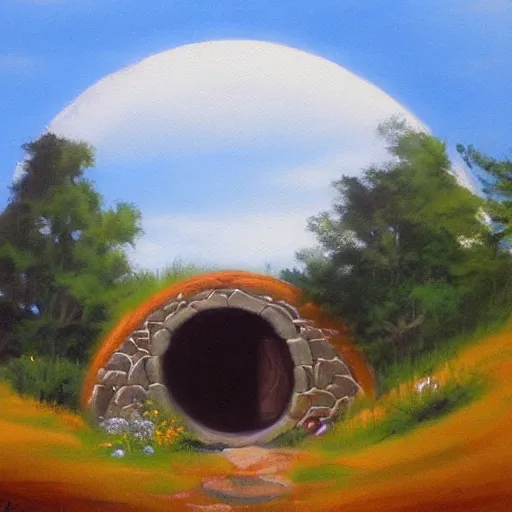 Image similar to landscape painting of bag end hobbit hole, round door, tolkein, lord of the rings, painting by bob ross