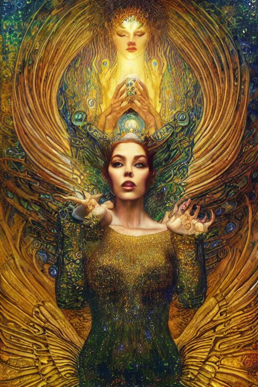 Image similar to Visions of Paradise by Karol Bak, Jean Deville, Gustav Klimt, and Vincent Van Gogh, visionary, otherworldly, radiant halo, fractal structures, infinite angelic wings, ornate gilded medieval icon, third eye, spirals, heavenly spiraling clouds with godrays, airy colors