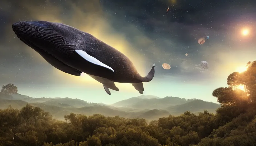 Image similar to highly detailed cinematic scifi render of a flying whale over the tuscany skies, cypresses and hills, stars and planets, hyper detailed, digital art, led lighting, studio quality, smooth render, unreal engine 5, octane render, trending on artstaion.