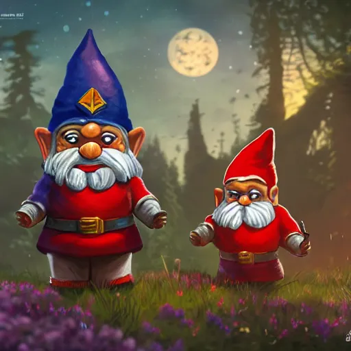 Image similar to lawn gnomes are really undercover protectors of the galaxy, dressed in ordinary gnome fashion but turn into super gnomes with ornate hero garments, capes, muscular, intricate, highly detailed, digital painting, artstation, symmetrical, concept art, smooth, sharp focus, illustration, unreal engine 5, 8 k,