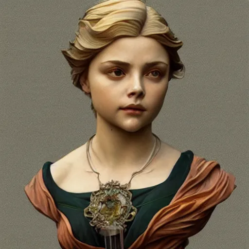 Image similar to beautiful lifelike award winning marble bust statue chloe ’ s grace moretz trending on art station artgerm greg rutkowski alphonse mucha museum quality cinematic atmospheric