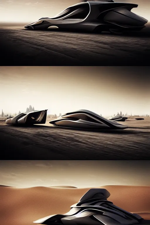 Image similar to zaha hadid buildings in the middle of a mad max desert scene with futuristic car, trending on artstation, cinematic matte painting, dark moody monochrome colors, featured on behance