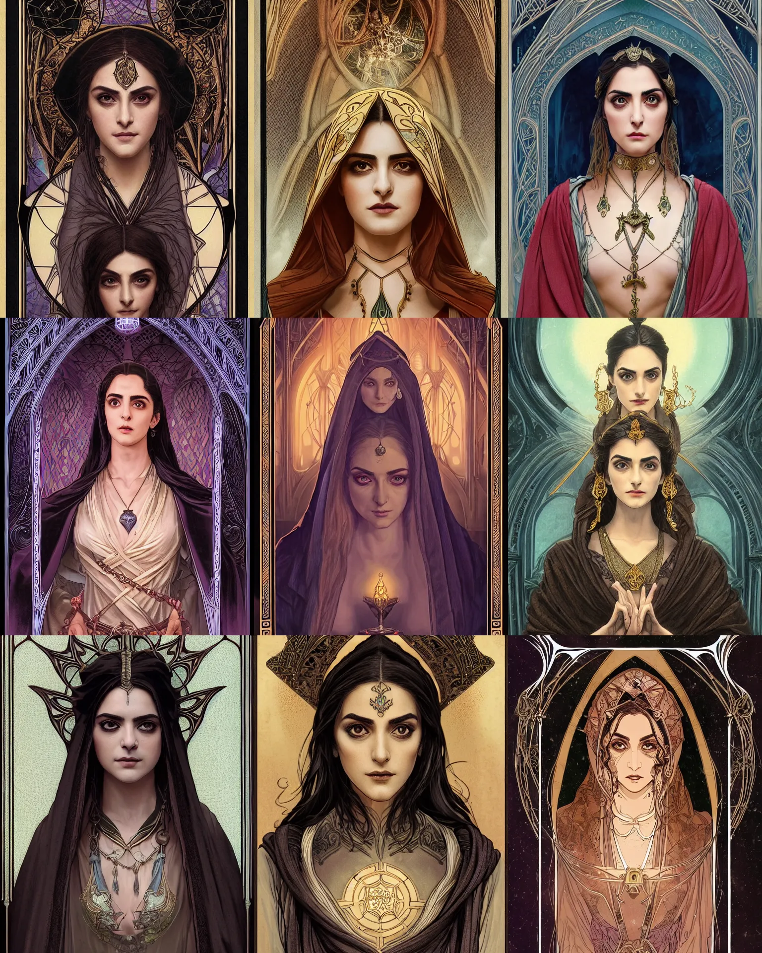 Prompt: masterpiece symmetrical centered bust-view portrait, Maya Ali as D&D sorcerer, single head, Neo-Gothic, Art Nouveau style, cell shaded, wizard robe, fantasy, delicate, elegant, in the style of Greg Rutkowski and Moebius and Mohrbacher and ROSSDRAWS and Ross Tran and Alphonse Mucha, tarot card style, cinematic specular lighting, rich bright colours