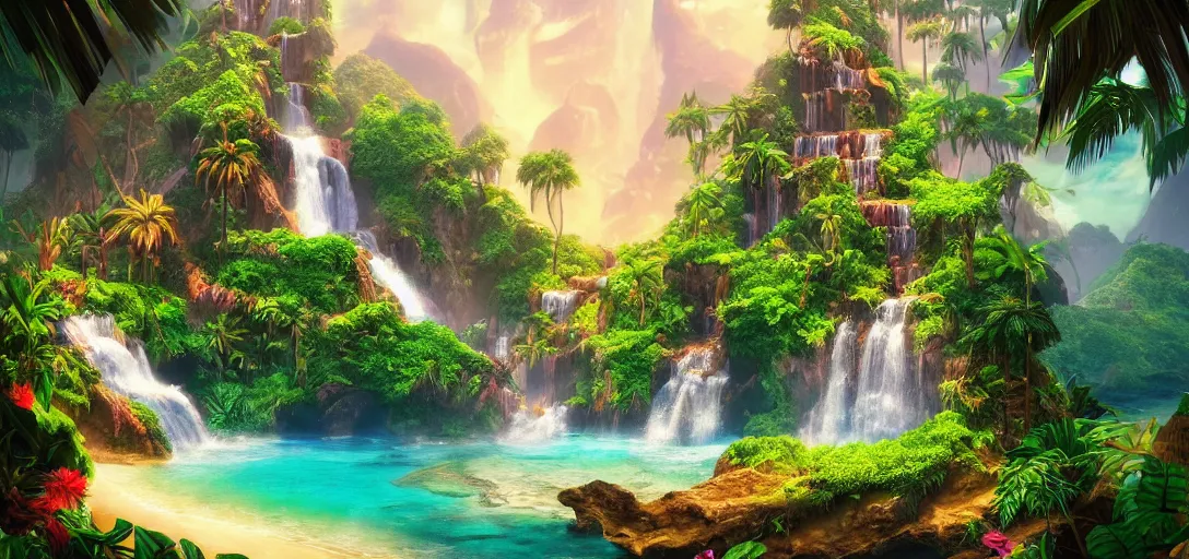 Prompt: beautiful view of a fantasy tropical mountain waterfall, jungle beach, waves, caustics, symmetry, dramatic lighting, ultra detailed, sharp, ambient occlusion, bloom, raytracing, vibrant, vivid colors, picturesque, 3 d artstation render by dylan cole and jordan grimmer