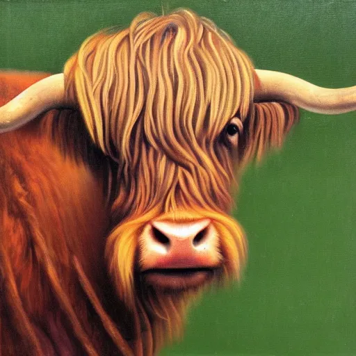 Image similar to oil portrait painting by hans holbein the elder of a highland cow.