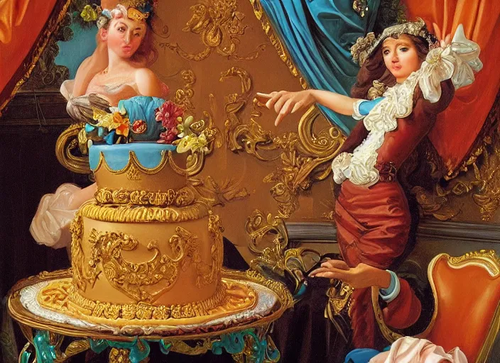 Prompt: baroque rococo painting 🪬 portrait by Greg Hildebrandt high detail elaborate fancy cake