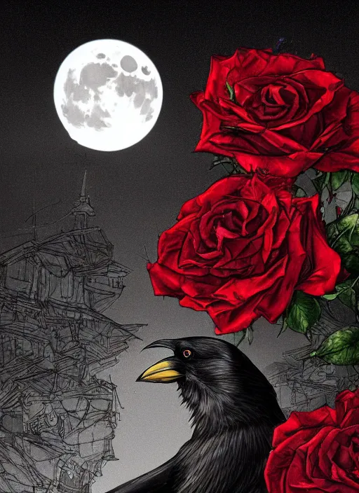 Image similar to portrait, A crow with red eyes in front of the full big moon, book cover, red roses, red white black colors, establishing shot, extremly high detail, foto realistic, cinematic lighting, pen and ink, intricate line drawings, by Yoshitaka Amano, Ruan Jia, Kentaro Miura, Artgerm, post processed, concept art, artstation, matte painting, style by eddie mendoza, raphael lacoste, alex ross