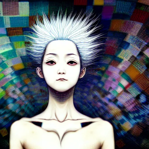 Image similar to yoshitaka amano blurred and dreamy realistic three quarter angle portrait of a young woman with white hair and black eyes wearing dress suit with tie, junji ito abstract patterns in the background, satoshi kon anime, noisy film grain effect, highly detailed, renaissance oil painting, weird portrait angle, blurred lost edges