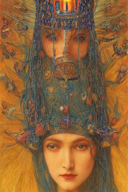 Image similar to queen of twilight with her lantern, by jean delville and Annie Swynnerton and Diego Rivera and Gaston Bussière and Tino Rodriguez , elaborate headdress and embroidered velvet, iridescent beetles, rich color, dramatic cinematic lighting, extremely detailed