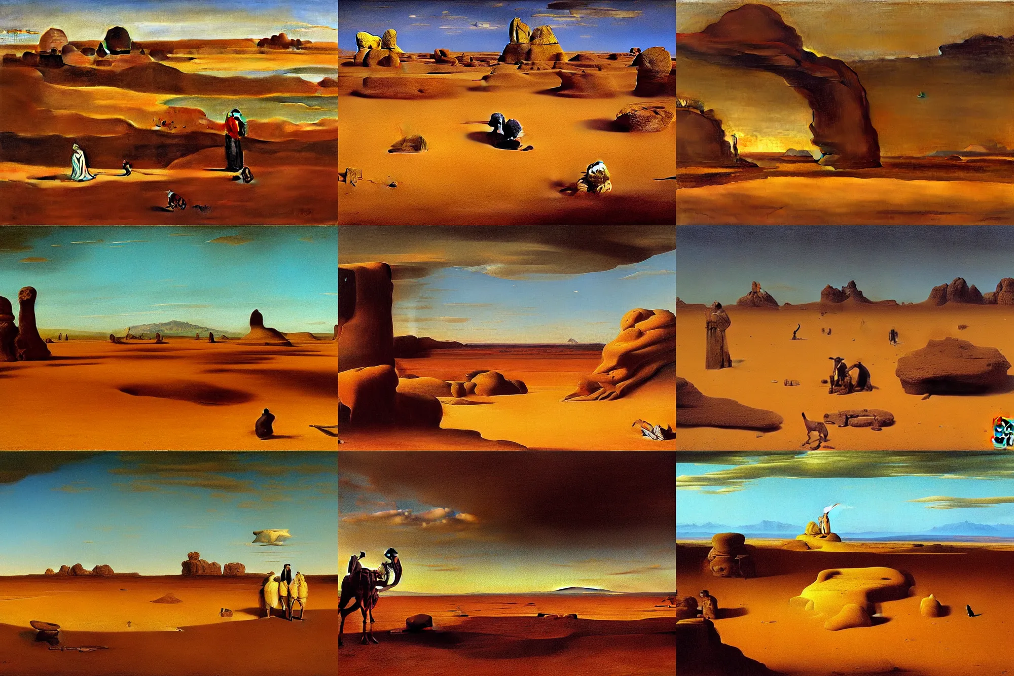 Prompt: wide-angle long shot, detailed realism, desert landscape, salvador dali art by Jean-Leon Gerome