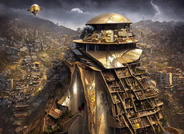 Image similar to favela spaceship cathedral, apocalypse environment, sorcery, scenery, professional, award - winning, trending on artstation, hyper detailed, realistic, beautiful, emotional, shiny, somber, picture