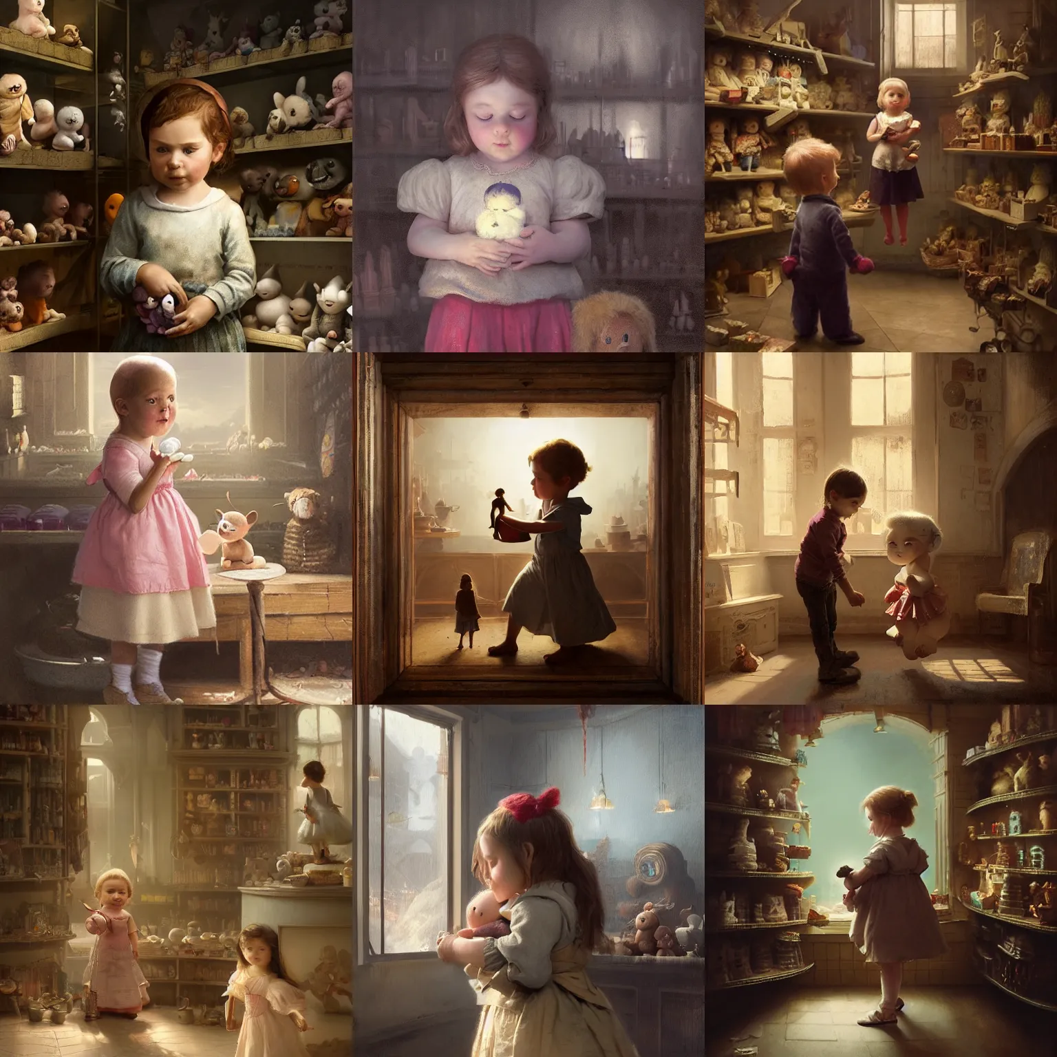 Prompt: a matte painting of an adorable child holding a doll in a toy shop by mumford, and Greg Rutkowski, baroque, soft lighting