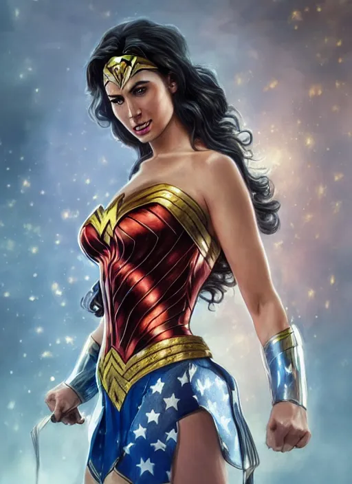 Image similar to Donald Trump as wonder woman, fantasy, intricate, elegant, highly detailed, digital painting, artstation, concept art, smooth, sharp focus, illustration, art by artgerm and greg rutkowski and alphonse mucha