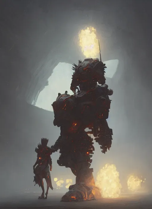 Image similar to a photorealistic dramatic hyperrealistic render of an armored fire golem by wlop, greg rutkowski, alphonse mucha, beautiful dynamic dramatic dark moody lighting, shadows, cinematic atmosphere, artstation, concept design art, octane render, 8 k