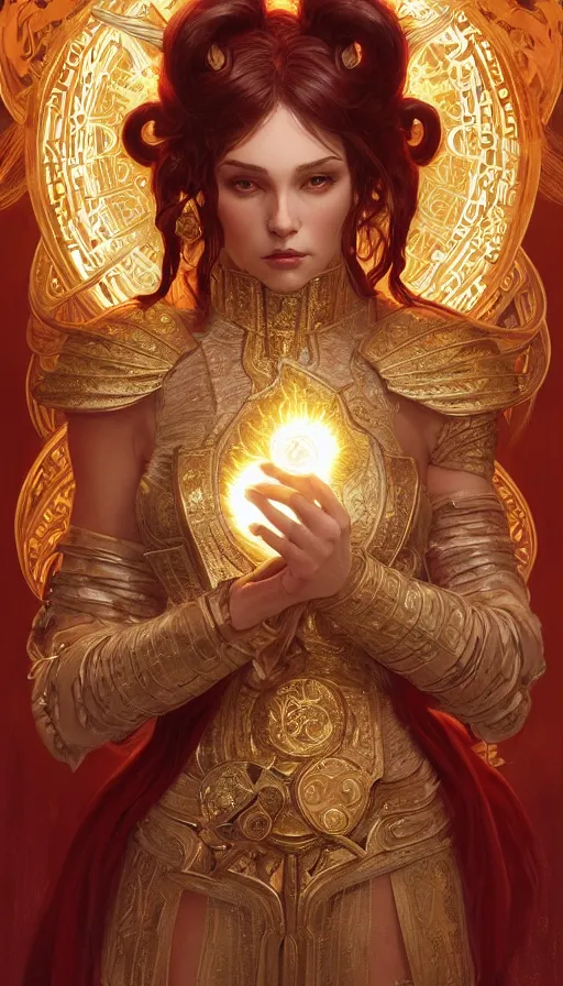 Prompt: aries fiery ram tarot, holy light, intricate armor, elegant, highly detailed, digital painting, artstation, concept art, smooth, sharp, focus, illustration, art by artgerm , james jean, and greg rutkowski and alphonse mucha