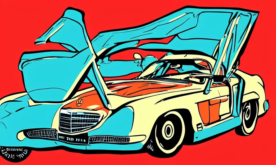 Prompt: pop art illustration of a mercedes car