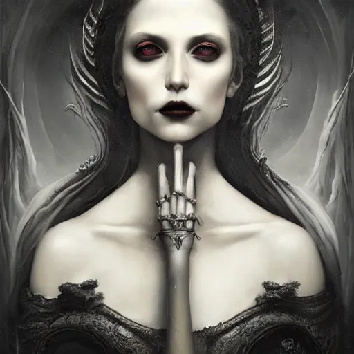 Prompt: By Tom Bagshaw, ultra realist soft painting of a gothic crypt by night, Female vampire smile and dressed, horror, omnious sky, symmetry accurate features, very intricate details, black and white, volumetric light clouds