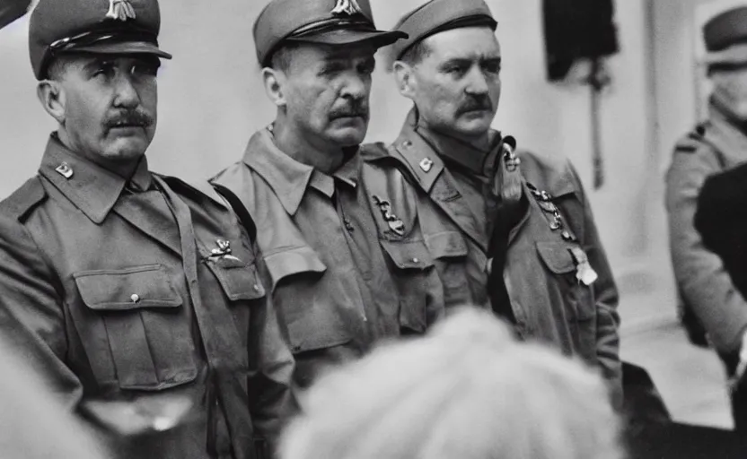 Image similar to 50s movie still of very diverse one general, one officers, one marshal, with very detailed faces in a stalinist style hall, by Alexei Guerman, Cinestill 800t 35mm black and white, heavy grainy picture, very detailed, high quality, 4k, HD criterion, precise texture, diverse faces, diverse haircuts, diverse ages, each faces precisely define