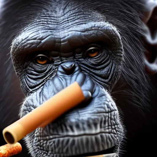 Image similar to a high detail closeup shot of a chimp wearing a suit 👔,and smoking a cigarrette🚬, cgcosiety, artstation, unreal engine, realism