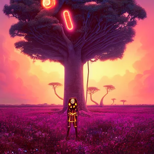 Prompt: an african cyberpunk hacker girl with her headset plugged into a giant glowing baobab tree in the middle of a field of flowers at sunset, by greg rutkowski and android jones in a surreal portrait style, oil on canvas, 8k hd, synthwave colors!!