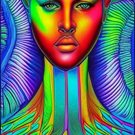 Prompt: a portrait of a beautiful woman the style of Alex Grey, colorful,