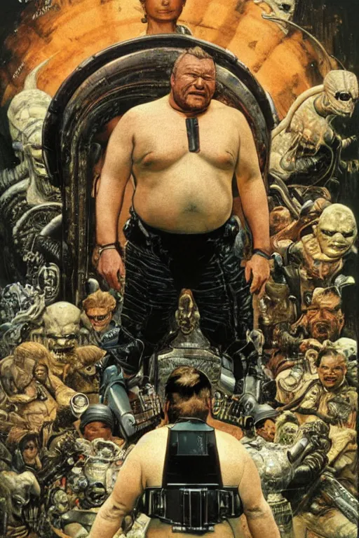 Prompt: focus on ray winstone as a fat scifi warrior exploring an alien temple, by norman rockwell and boris vallejo