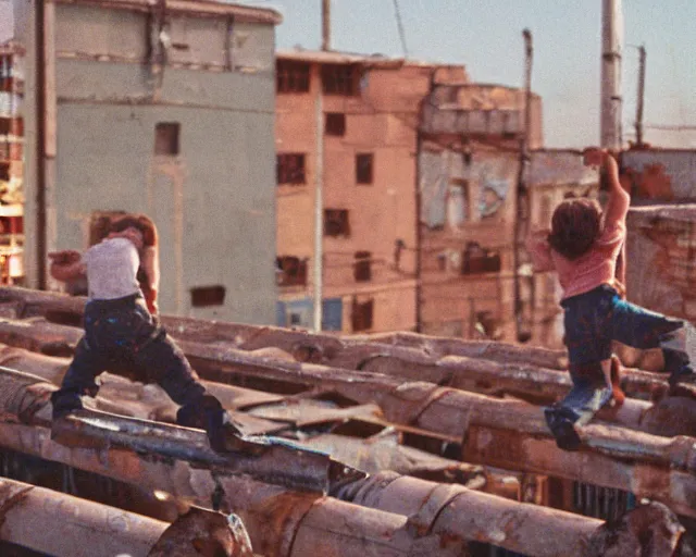 Image similar to lomo photo of roofjumpers climbing on roof of soviet hrushevka, small town, cinestill, bokeh, out of focus