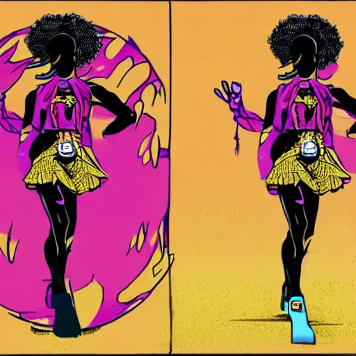 Prompt: afrofuturist woman walking down the busy street wearing gold jewelry and a goli mask, simple, cyberpunk, far shot, 1970s comic art style