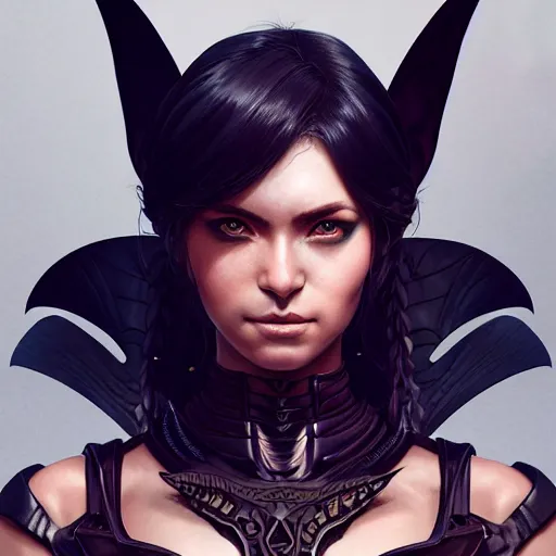 Prompt: 3 / 4 view of a portrait of warrior woman with bat wings, confident pose, pixie, genshin impact,, intricate, elegant, sharp focus, illustration, highly detailed, concept art, matte, trending on artstation, anime, art by wlop and artgerm and greg rutkowski, marvel comics h 6 4 0