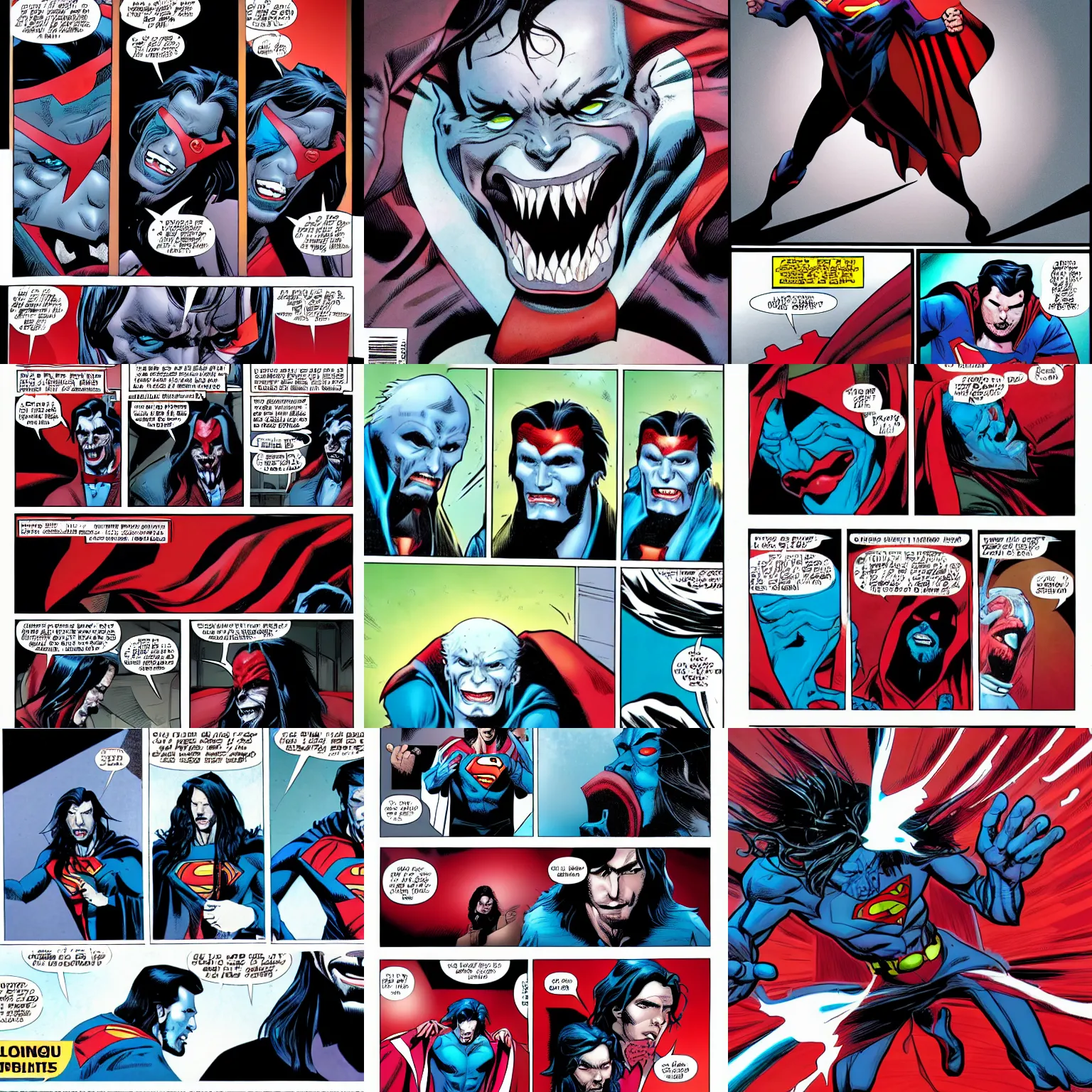 Prompt: morbius comic panel, morbius morbed all over superman