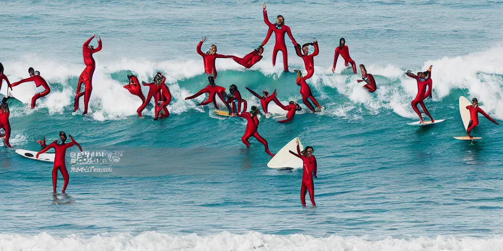 Image similar to devil worshippers in robes belonging to the cult of the ocean surfing in waves, standing on surfboards, surfing inside one large barreled wave, high detailed colors, blue